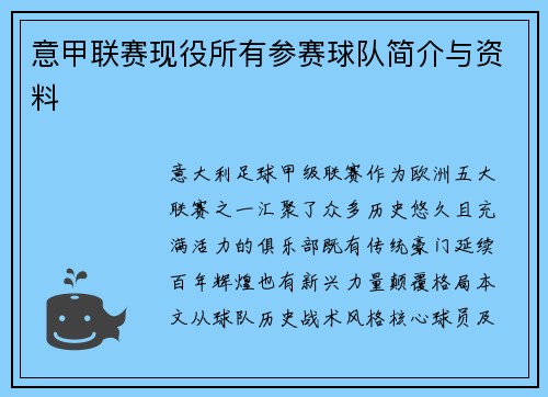 意甲联赛现役所有参赛球队简介与资料
