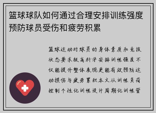 篮球球队如何通过合理安排训练强度预防球员受伤和疲劳积累