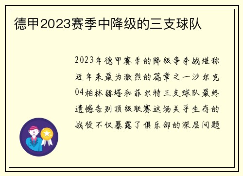 德甲2023赛季中降级的三支球队